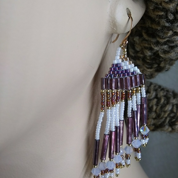 JRW Handmade Purple Gold Swarovski Beaded Earrings - Picture 4 of 5